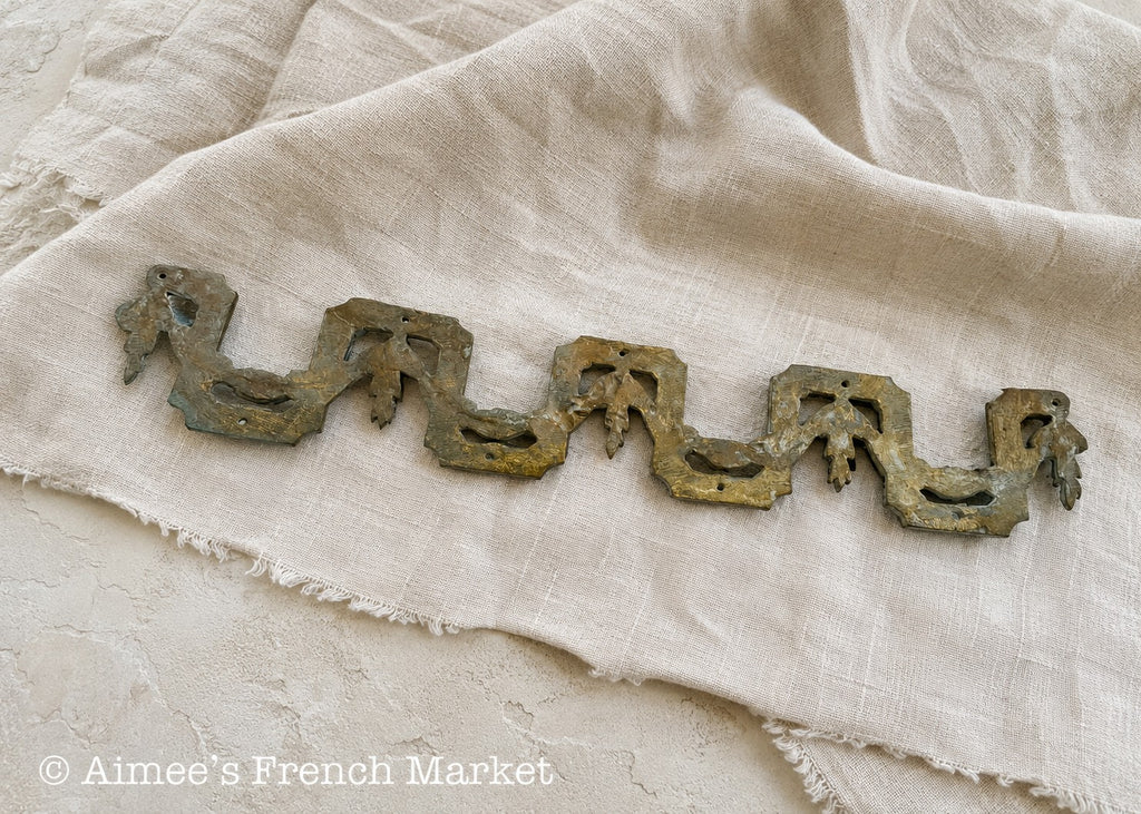 Antique French Gilt Bronze Furniture Mount, 13" Louis XVI Foliate Swag Appliqué, c. 1900