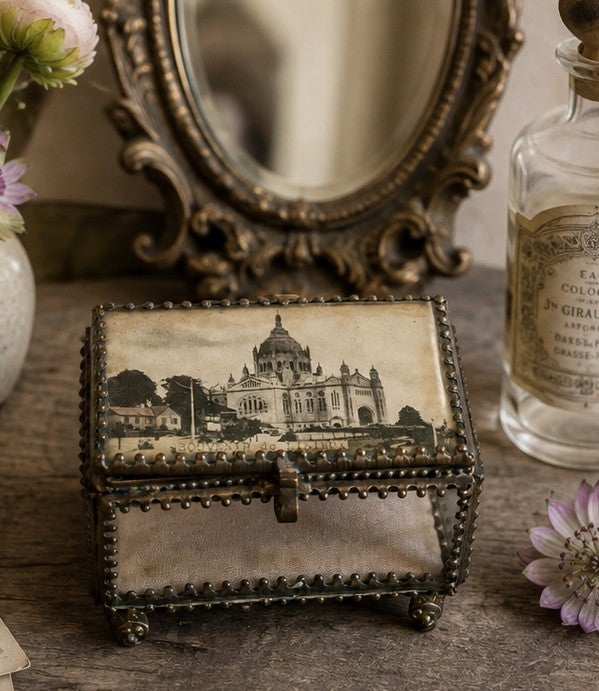 Vintage French Souvenir de Lisieux Glass Jewelry Box - Antique-Style French Trinket Box, early 1900s