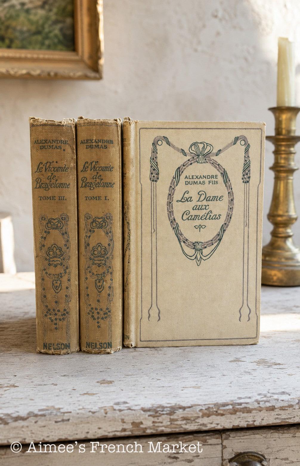 Antique French Books by Alexandre Dumas Père & Fils, Set of 3, Cottagecore Decor
