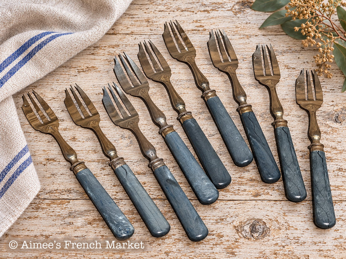 Vintage French Cake Forks — Set of 8 with Unique Blue-Gray Handles & Shell Details — 6″