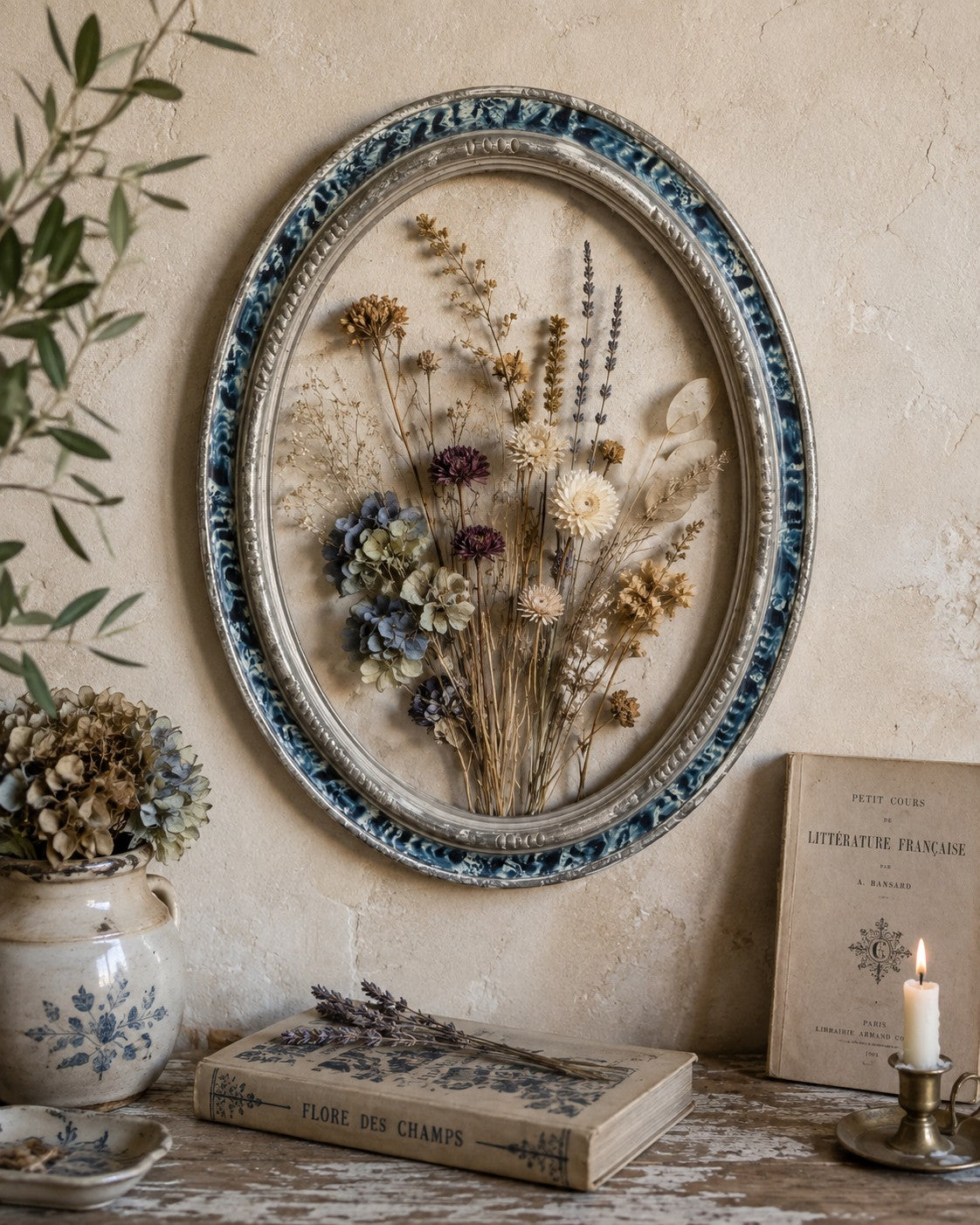 Antique French Oval Frame, Blue & Silver, Large 18”, Romantic Cottagecore Decor, c. 1880–1910