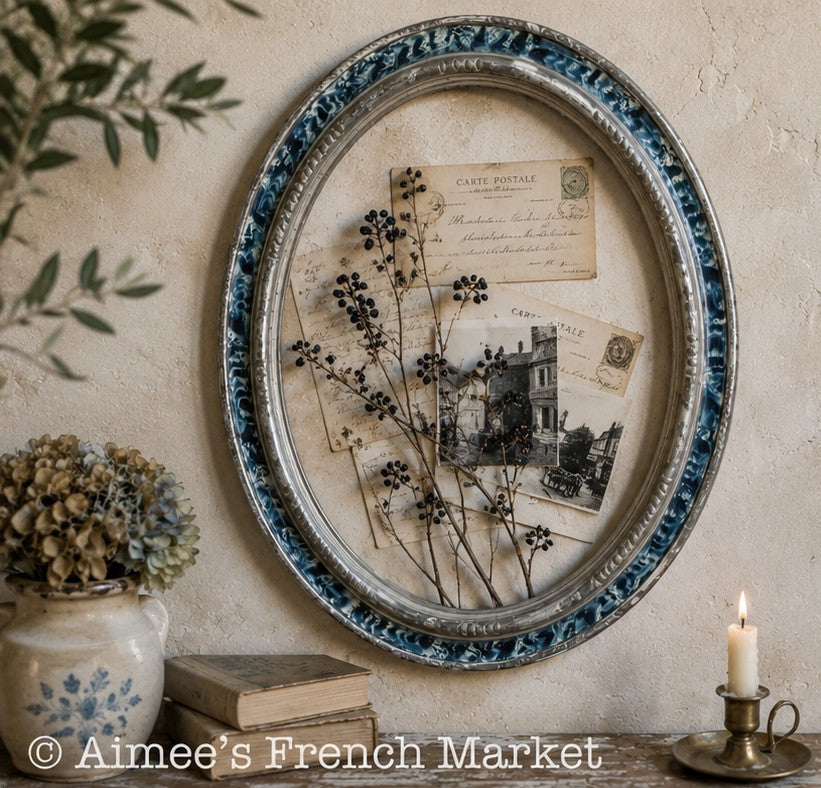 Antique French Oval Frame, Blue & Silver, Large 18”, Romantic Cottagecore Decor, c. 1880–1910