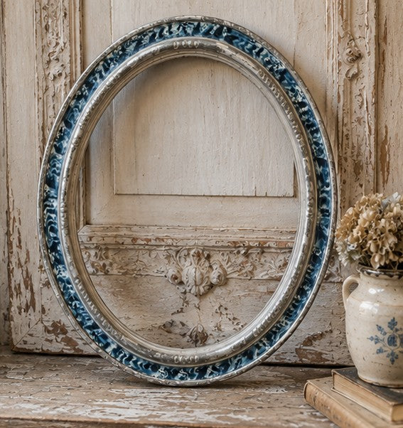 Antique French Oval Frame, Blue & Silver, Large 18”, Romantic Cottagecore Decor, c. 1880–1910