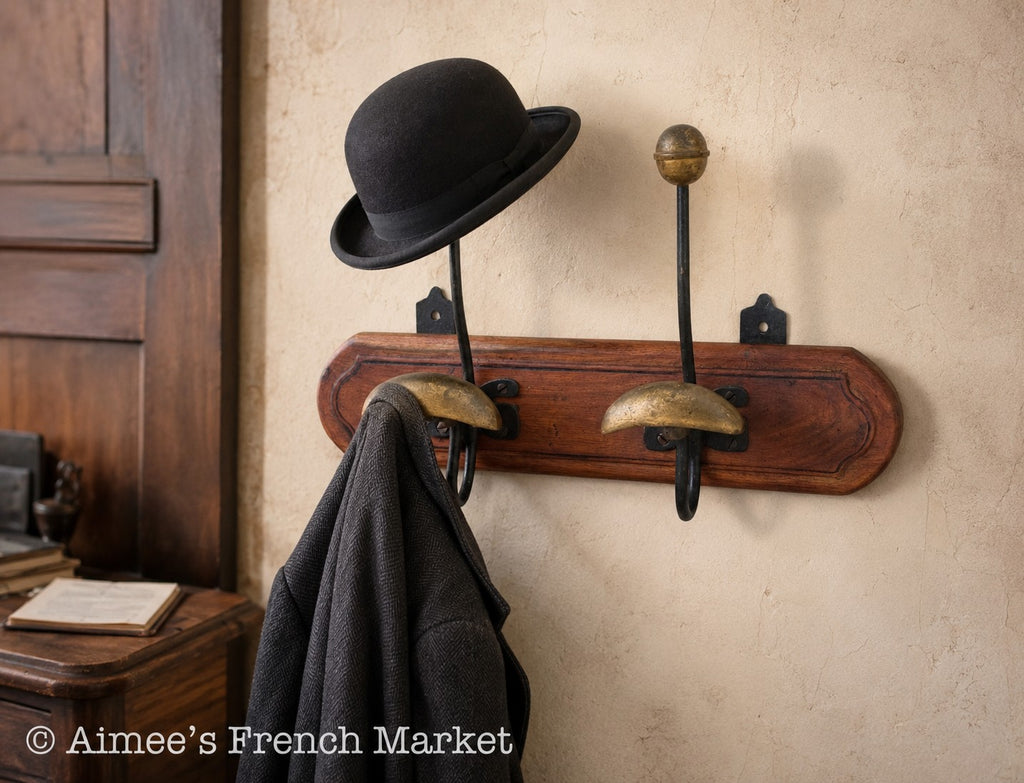 Antique French Hat and Coat Rack, Wooden Porte-Manteaux, French Entryway Decor, c. 1900