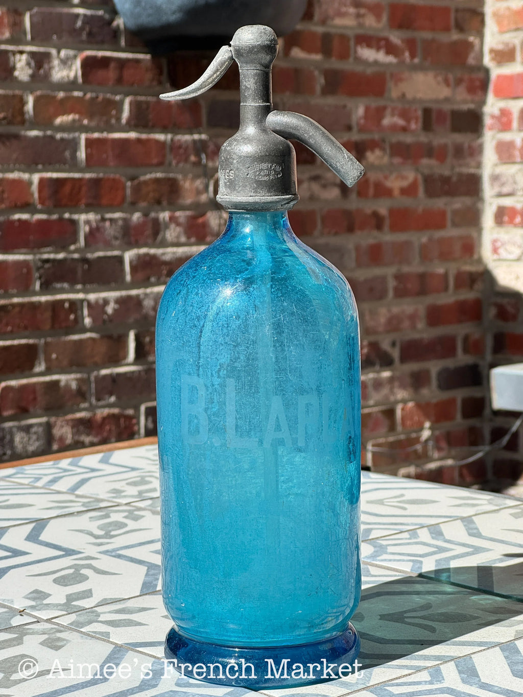 Beautiful French Vintage Blue Glass Siphon Bottle - B. Laplagne