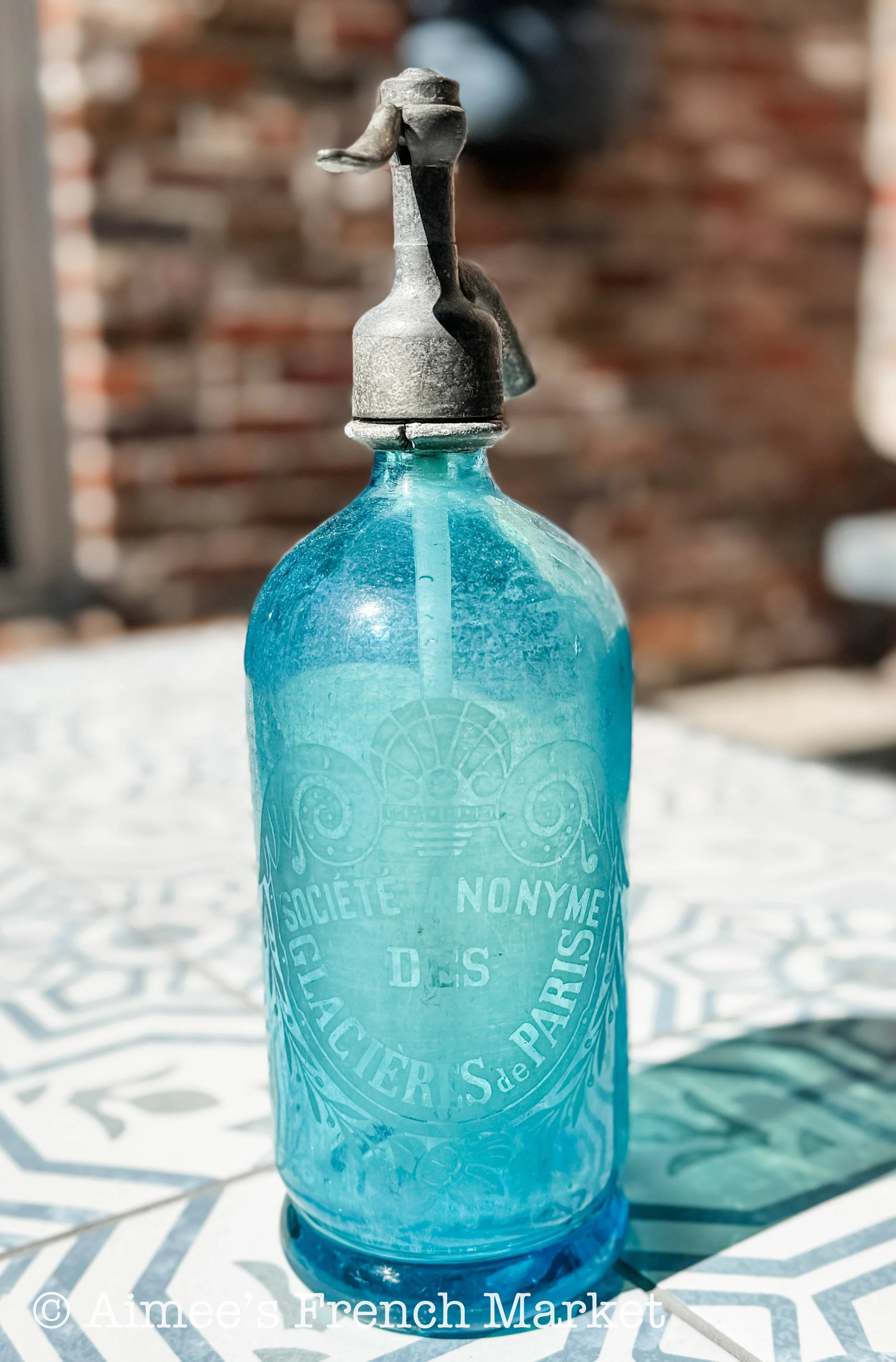 Beautiful French Vintage Blue Glass Siphon Bottle - Paris