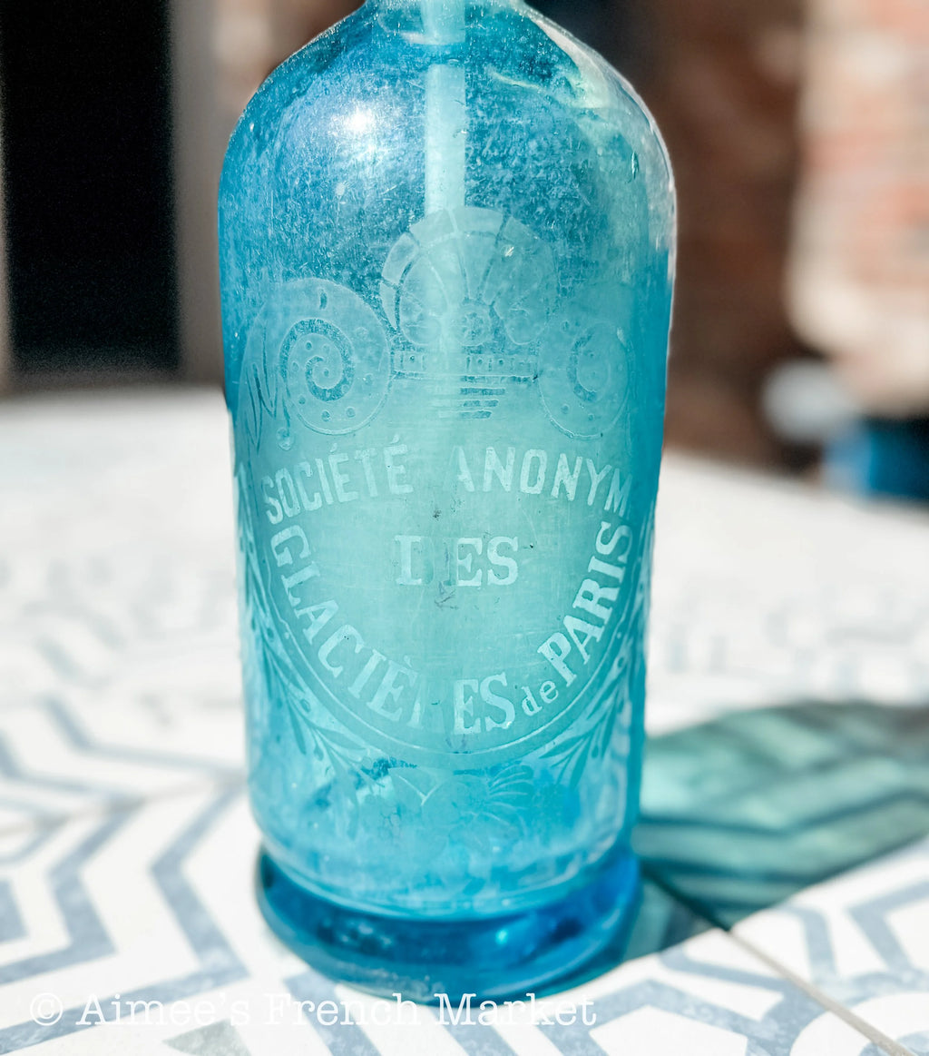Beautiful French Vintage Blue Glass Siphon Bottle - Paris