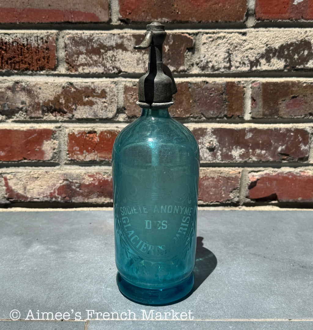 Beautiful French Vintage Blue Glass Siphon Bottle - Paris