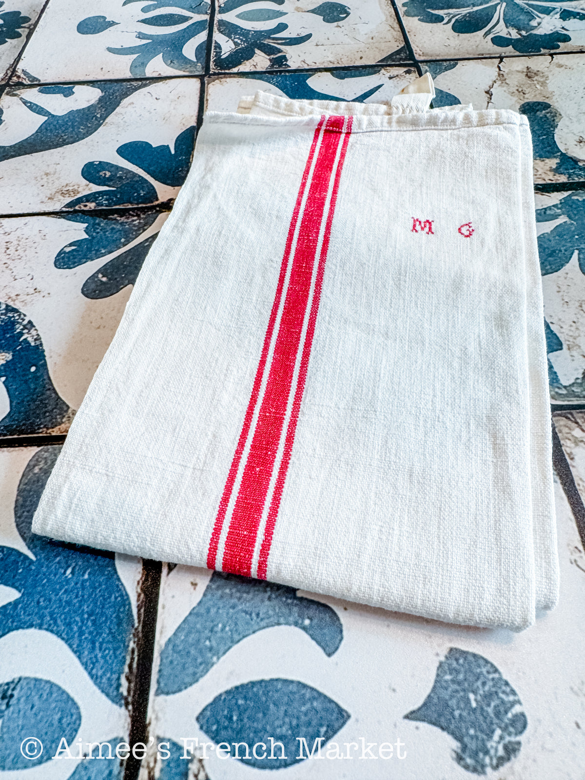 Vintage Red-Striped Linen Kitchen Towels, c.1920s, Triple Stripes