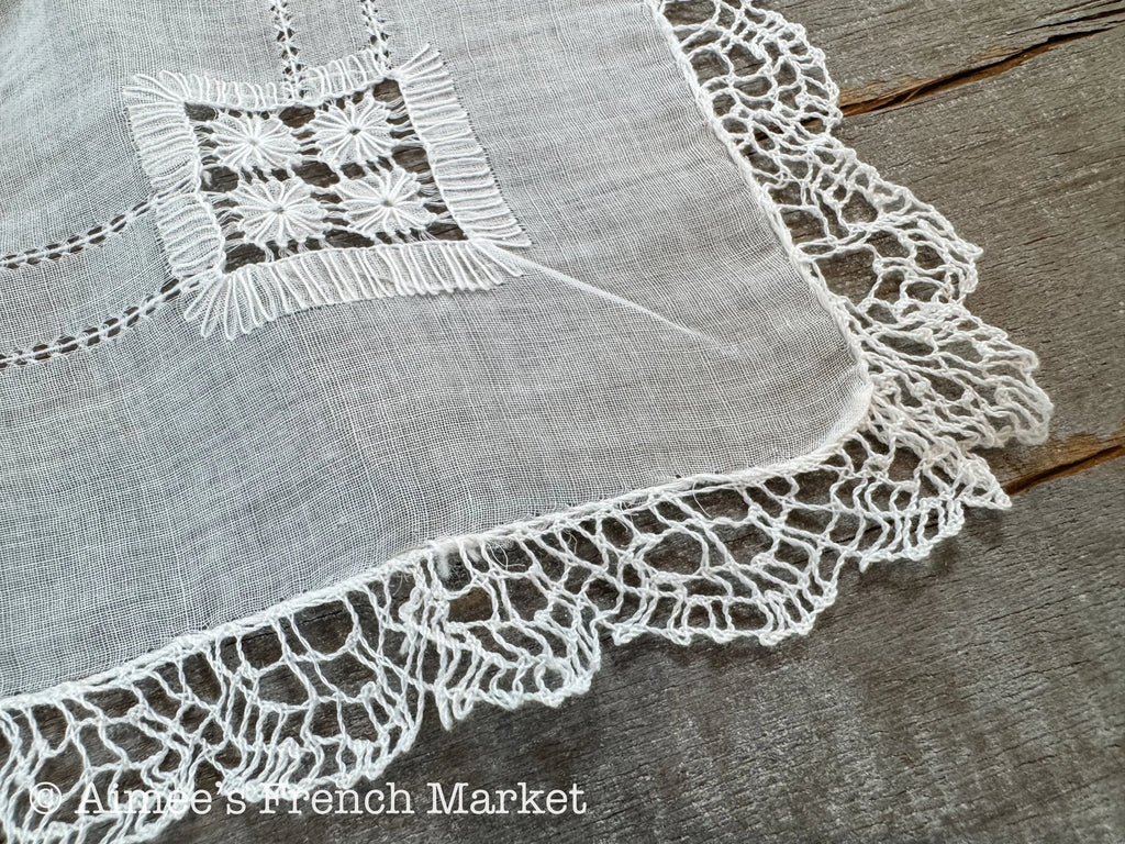 Antique French Linen Doilies – Hand Embroidered with Lace Edging, Set of 5