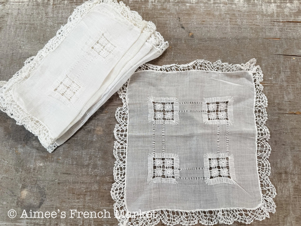 Antique French Linen Doilies – Hand Embroidered with Lace Edging, Set of 5