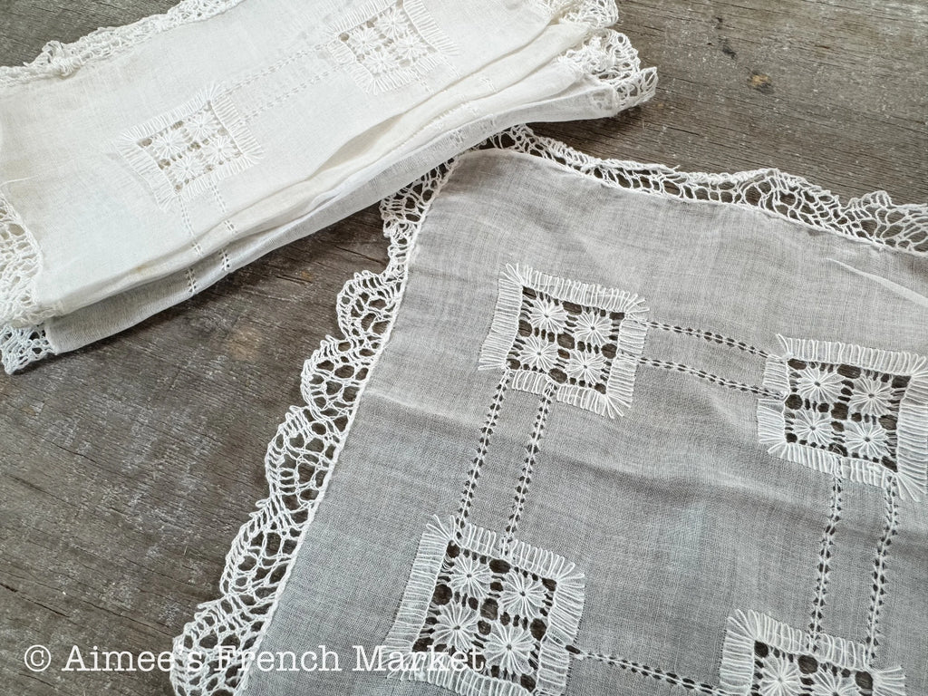Antique French Linen Doilies – Hand Embroidered with Lace Edging, Set of 5