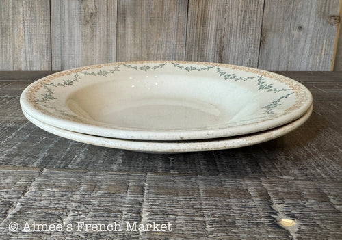 Antique French Faience Soup Bowls – Faïencerie Nouvelle Givors – Burnt Orange & Green Floral – 19th Century French Pottery – Pair