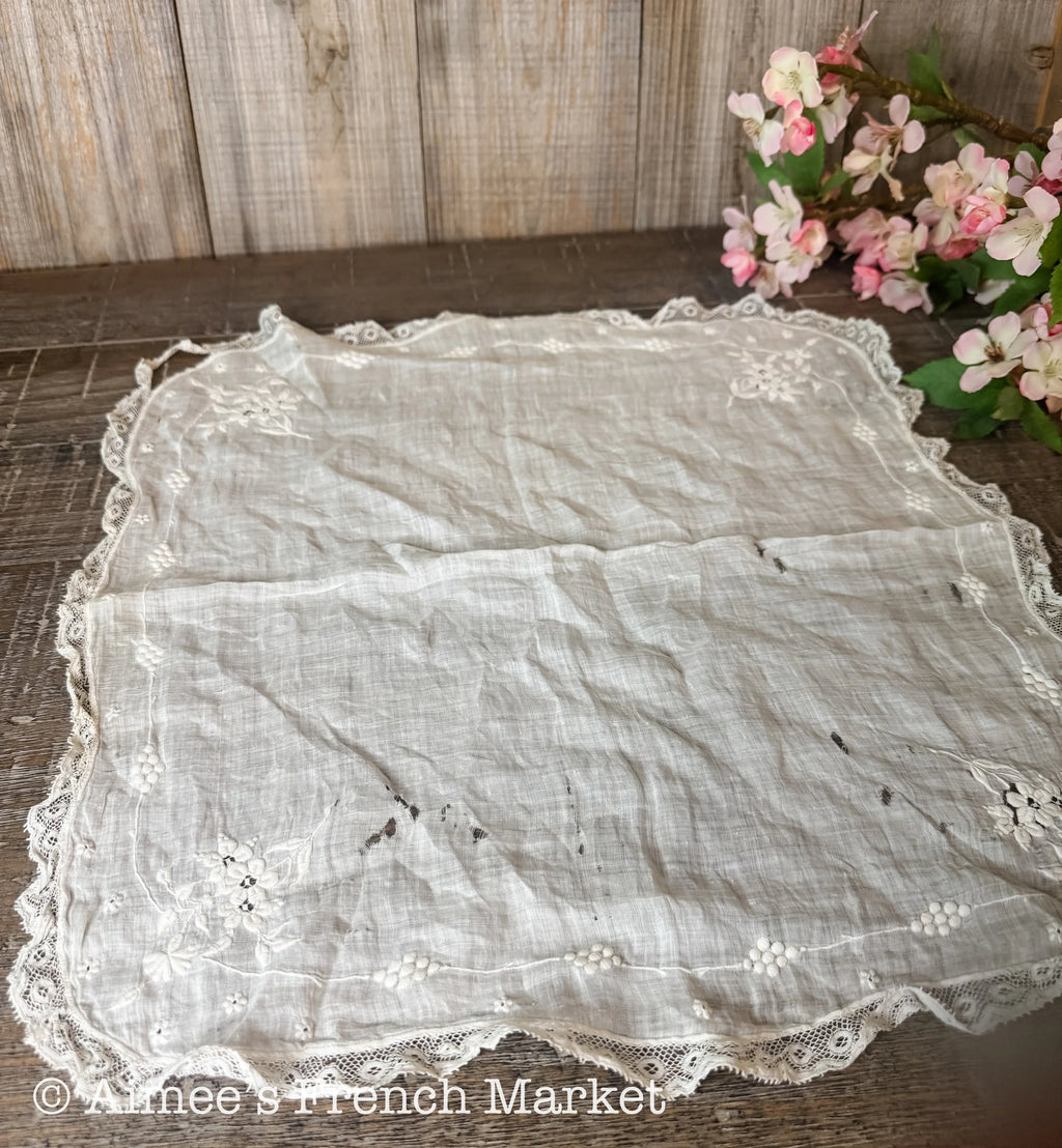 Antique French Victorian Whitework Embroidered Handkerchief – Delicate Bridal “Something Old"