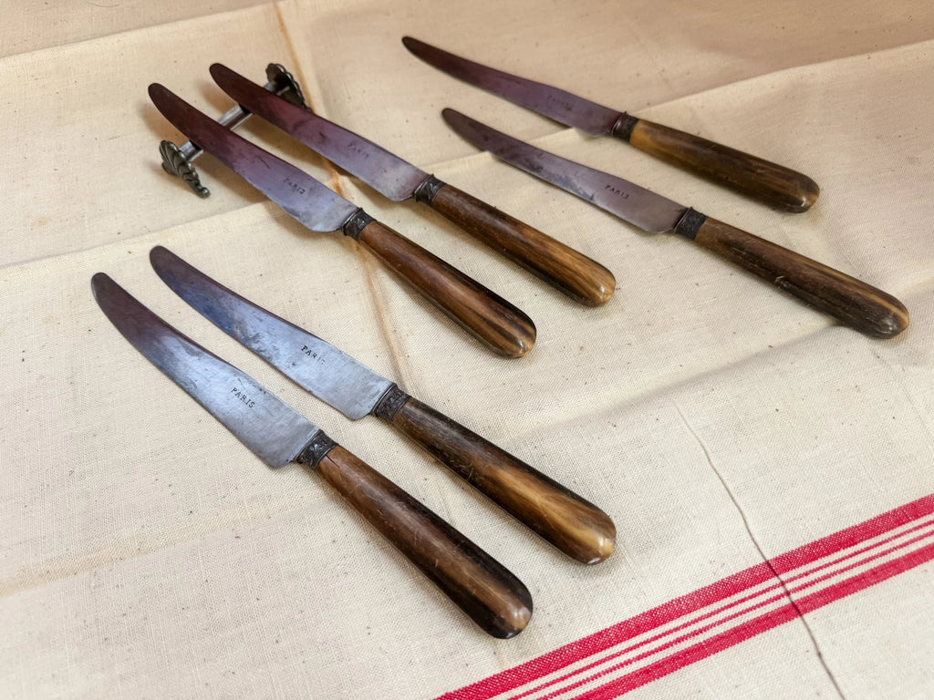 Antique French Fruit Knives – Set of 6 Vintage Paris Cutlery with Horn Handles