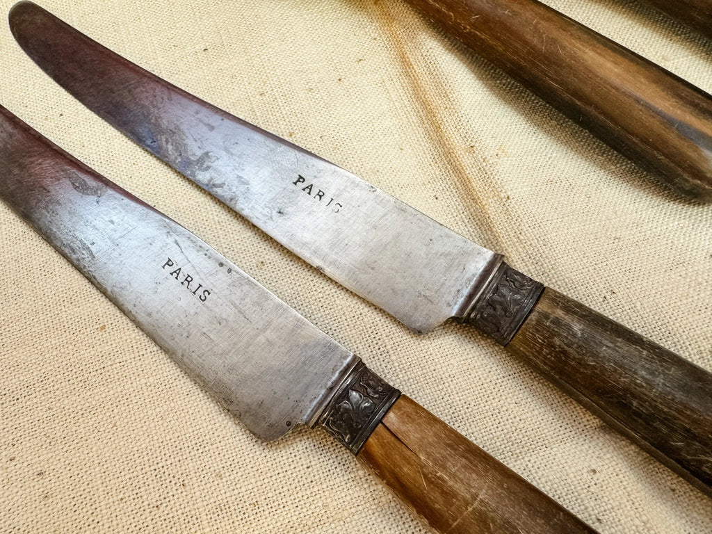 Antique French Fruit Knives – Set of 6 Vintage Paris Cutlery with Horn Handles