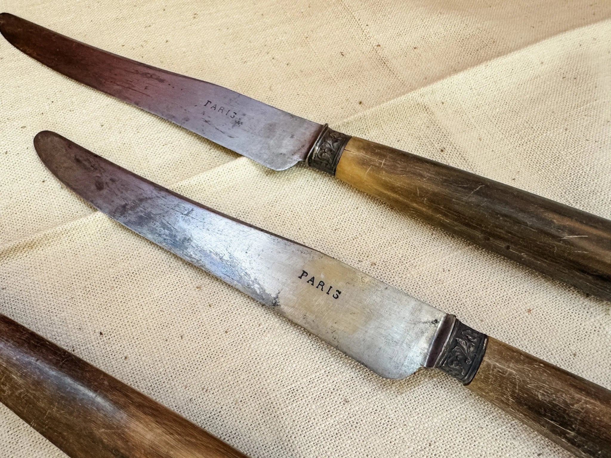 Antique French Fruit Knives – Set of 6 Vintage Paris Cutlery with Horn Handles