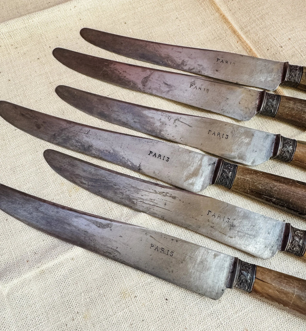 Antique French Fruit Knives – Set of 6 Vintage Paris Cutlery with Horn Handles