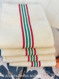 French Vintage Red-Striped Linen Kitchen Towels, c.1920s, Quadruple/Four Stripe, Red/Green
