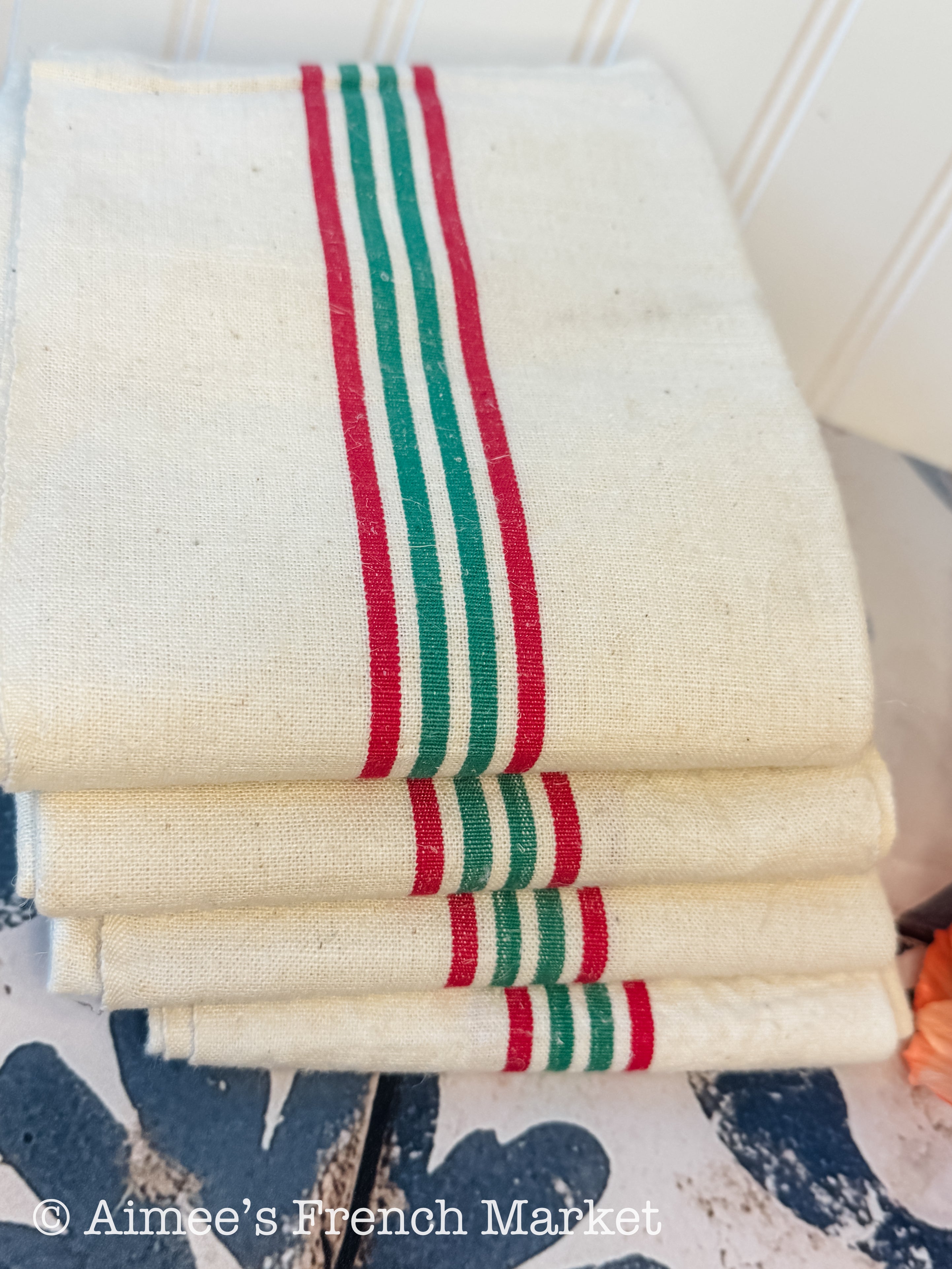 French Vintage Red-Striped Linen Kitchen Towels, c.1920s, Quadruple/Four Stripe, Red/Green