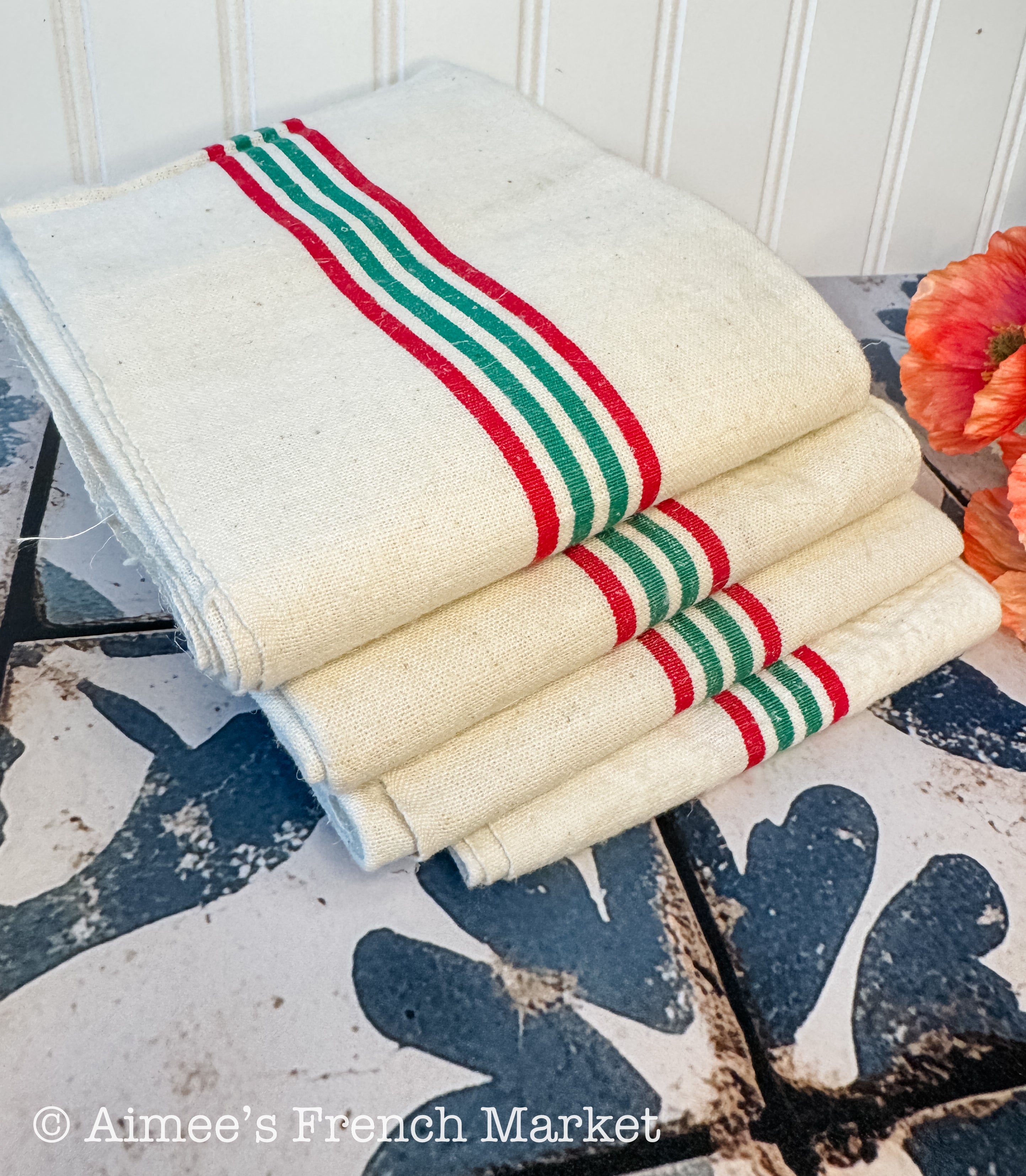 French Vintage Red-Striped Linen Kitchen Towels, c.1920s, Quadruple/Four Stripe, Red/Green