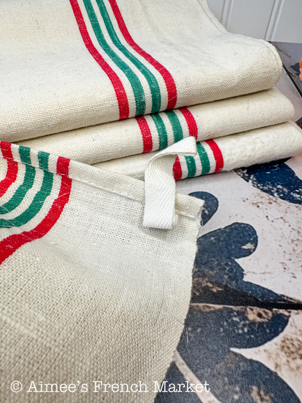 French Vintage Red-Striped Linen Kitchen Towels, c.1920s, Quadruple/Four Stripe, Red/Green