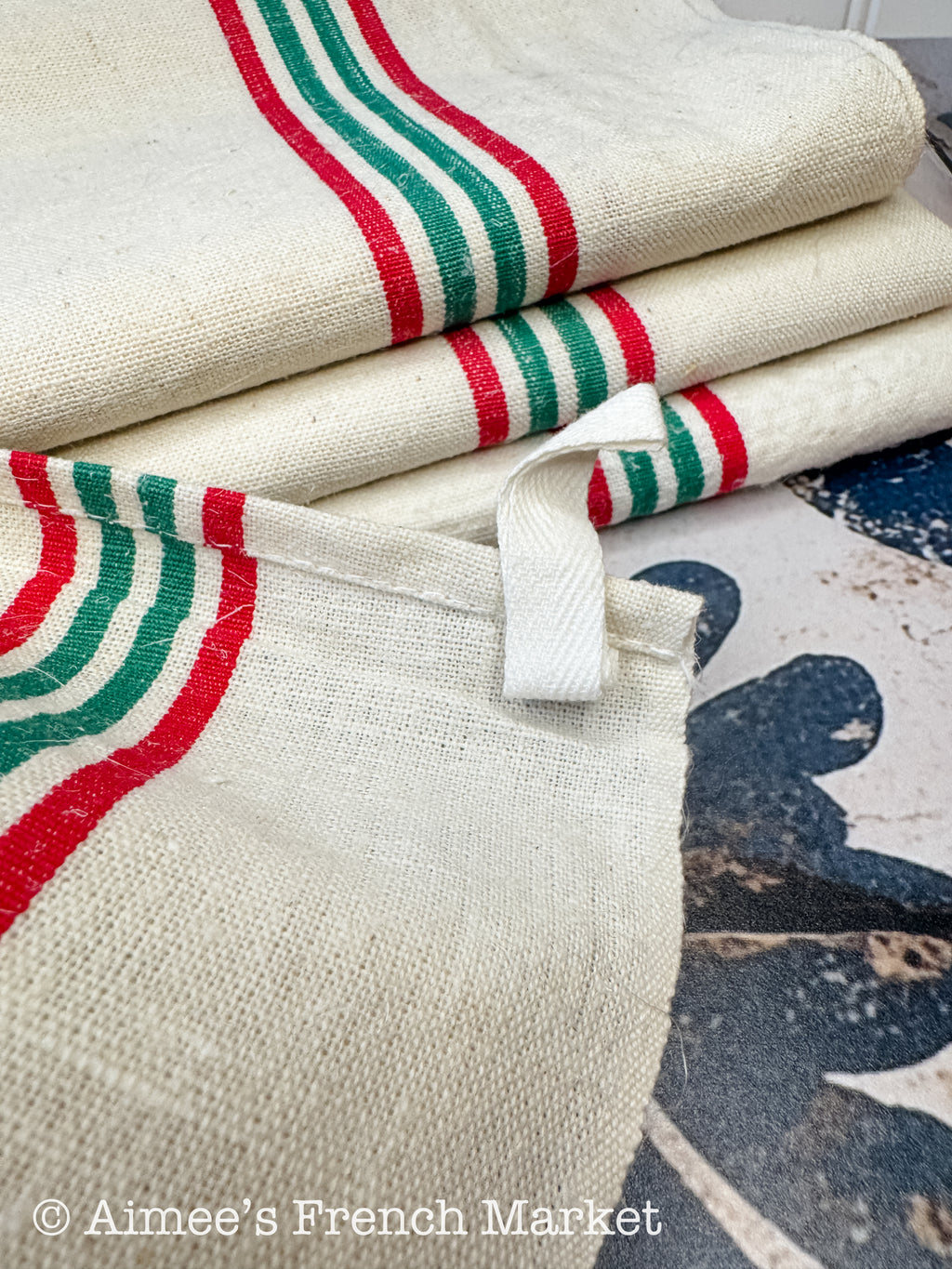 French Vintage Red-Striped Linen Kitchen Towels, c.1920s, Quadruple/Four Stripe, Red/Green