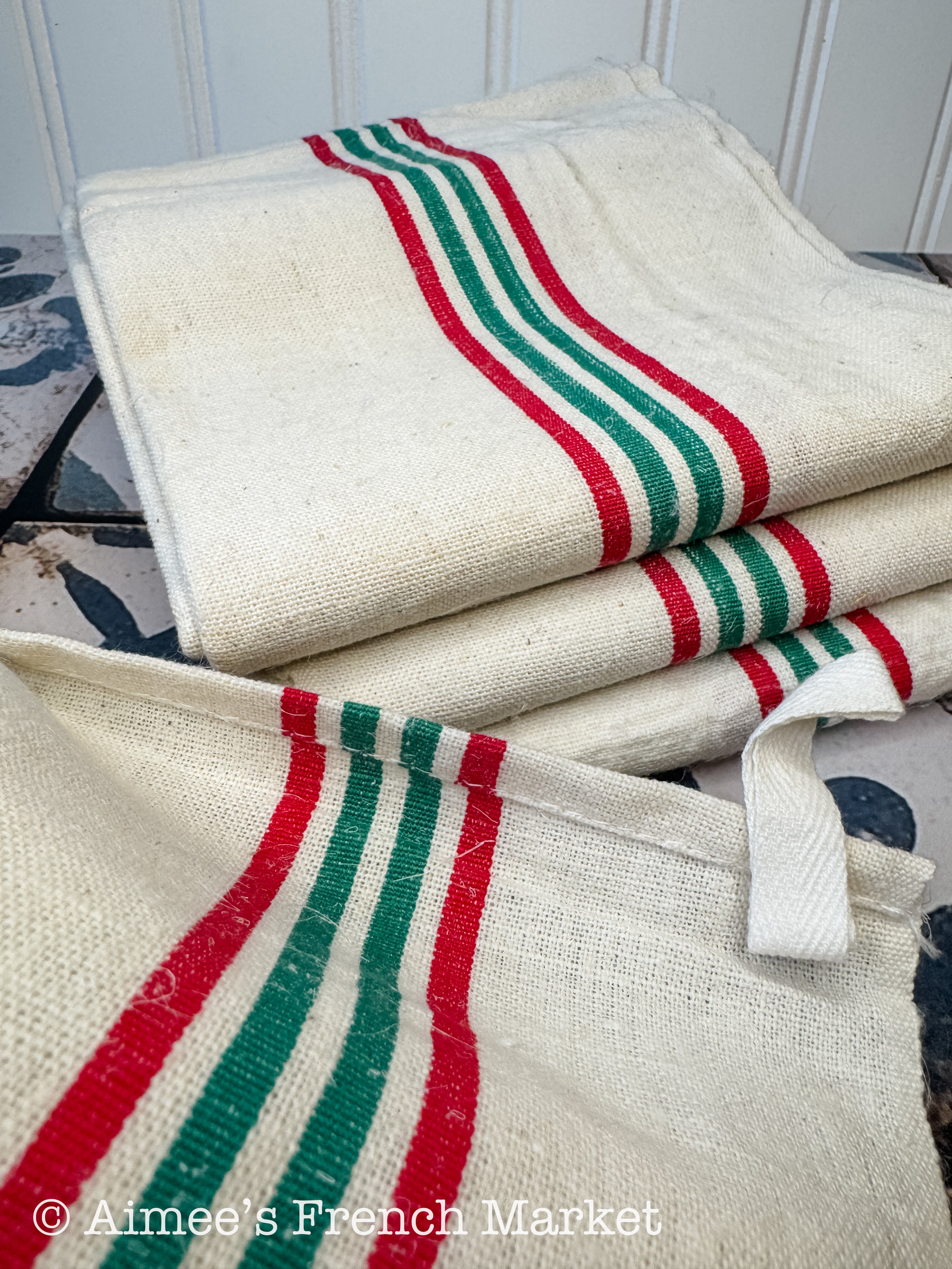 French Vintage Red-Striped Linen Kitchen Towels, c.1920s, Quadruple/Four Stripe, Red/Green
