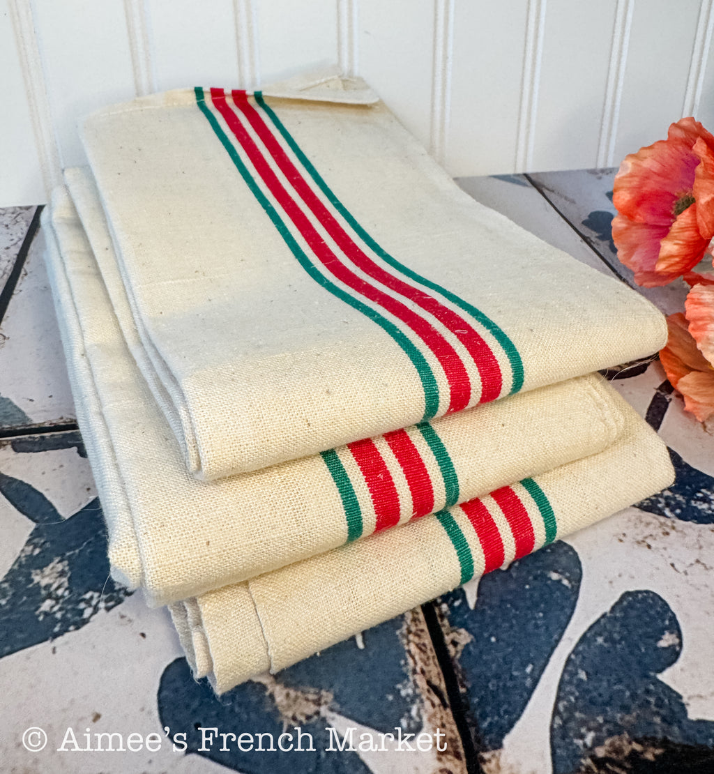 French Vintage Red-Striped Linen Kitchen Towels, c.1920s, Quadruple/Four Stripe, Green/Red