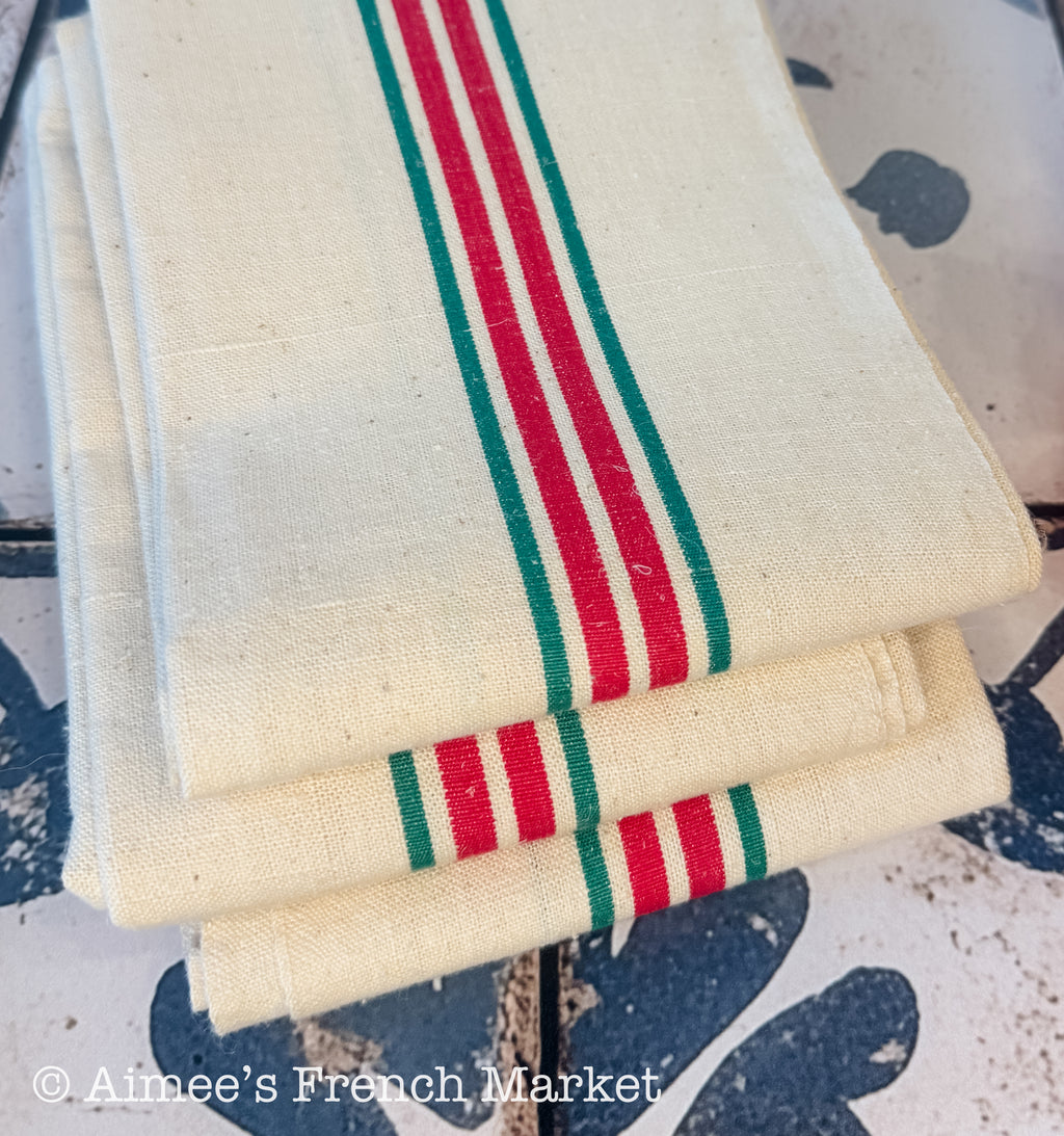 French Vintage Red-Striped Linen Kitchen Towels, c.1920s, Quadruple/Four Stripe, Green/Red