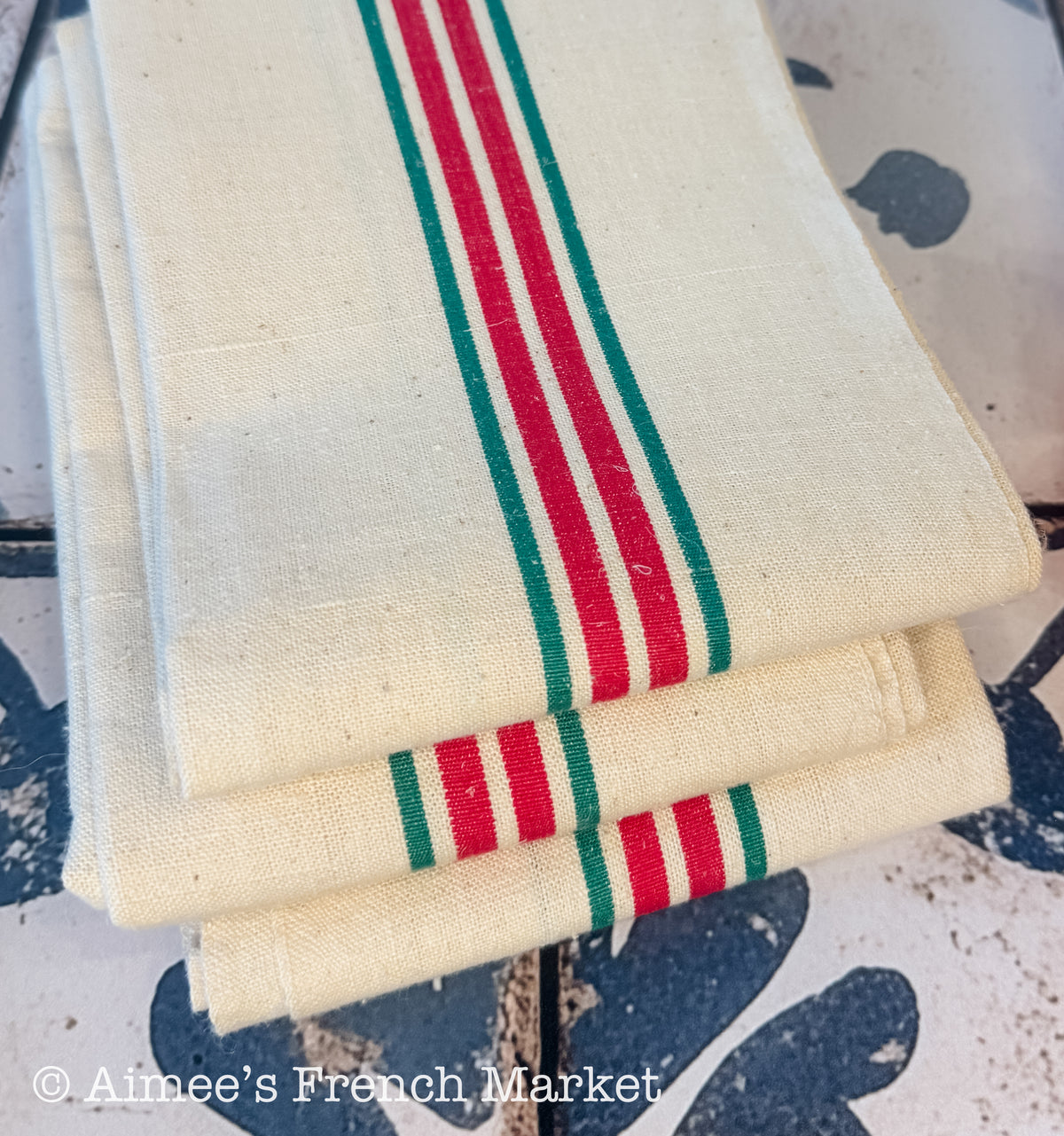 French Vintage Red-Striped Linen Kitchen Towels, c.1920s, Quadruple/Four Stripe, Green/Red