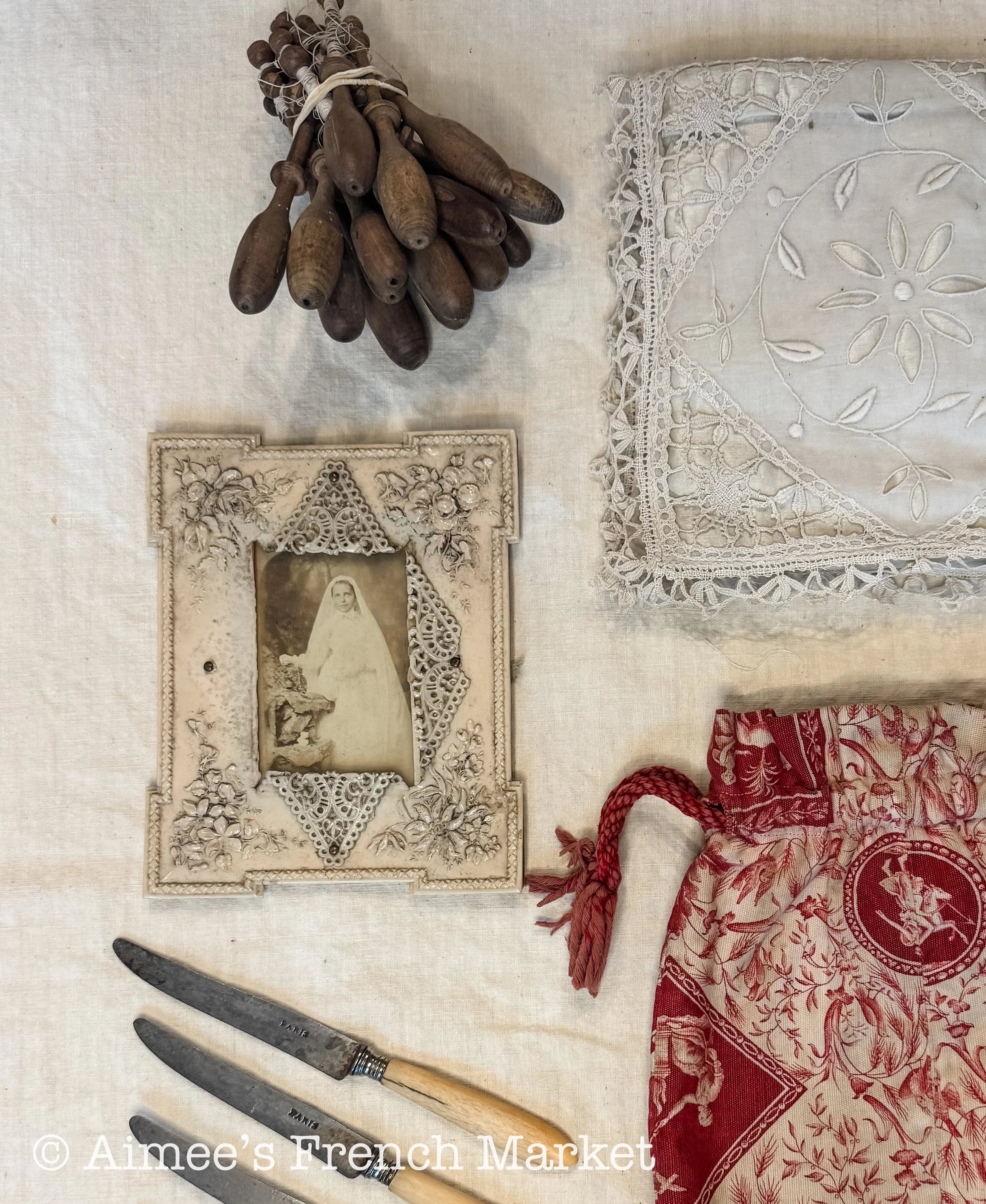 Rare French Antique Celluloid Photo Frame with Original Photo
