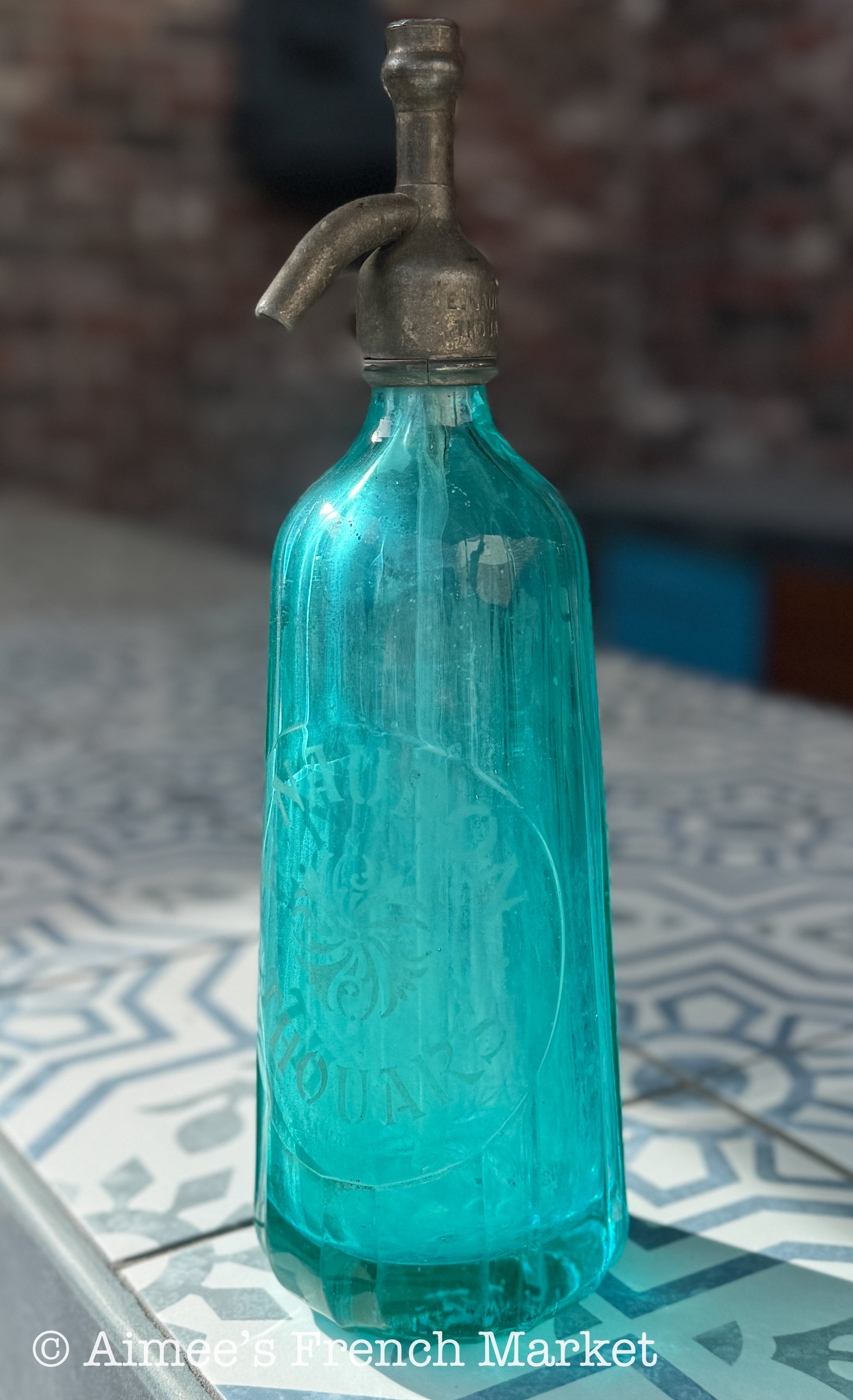 Vintage French Soda Syphon — E. Naudon Thouars — Turquoise Glass Decorative Bottle