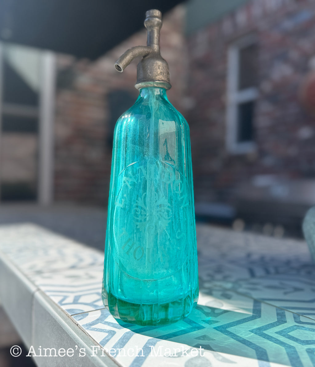 Vintage French Soda Syphon — E. Naudon Thouars — Turquoise Glass Decorative Bottle