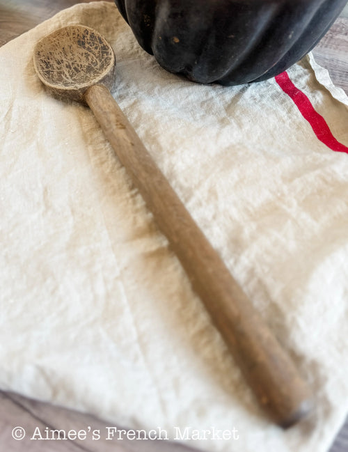 Large Antique French Wooden Spoon 17.5”, Rustic Farmhouse Kitchen Utensil, Vintage Hand Carved Wood Cooking Spoon, Primitive French Kitchen Decor
