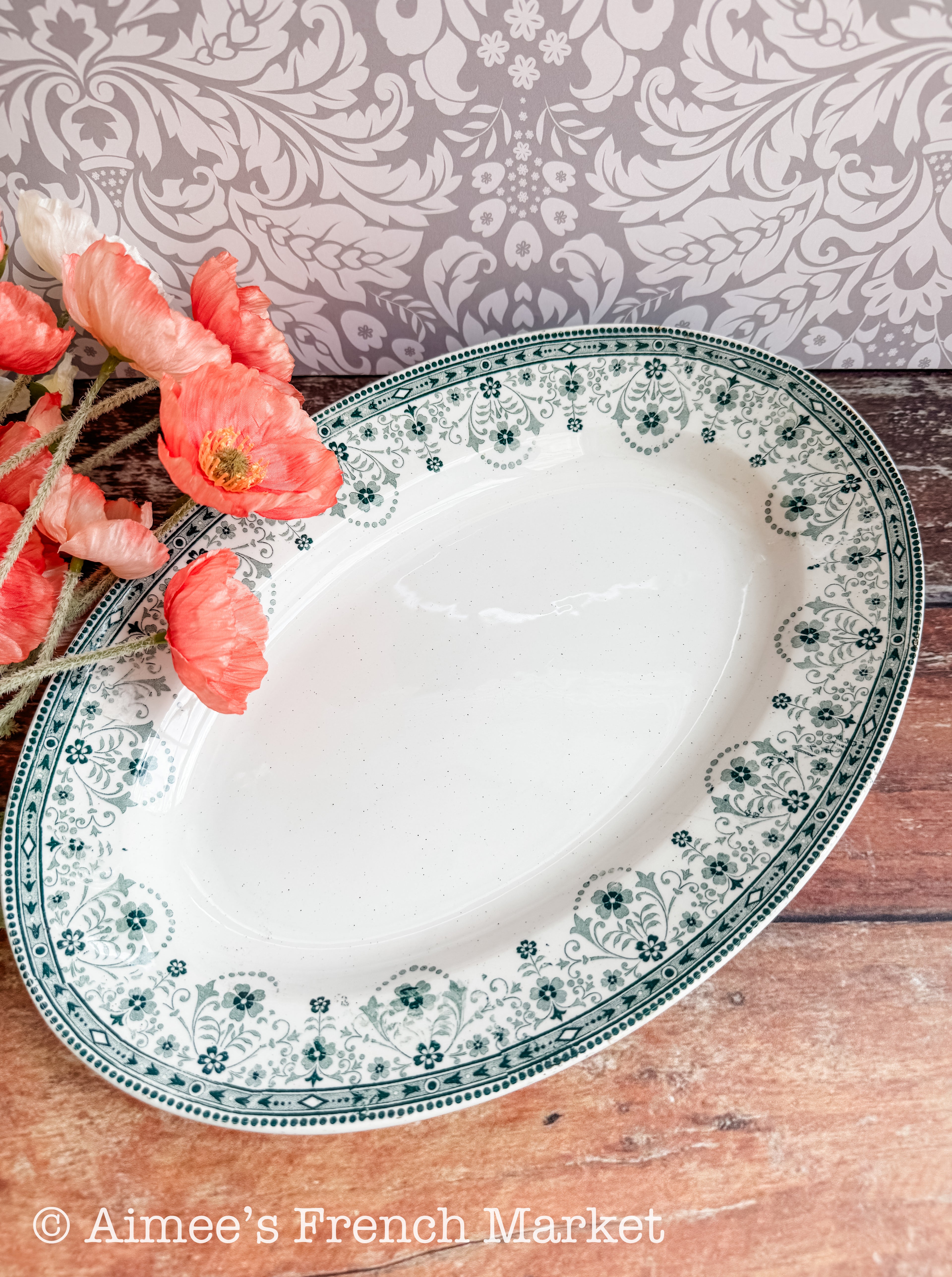 Antique French Green Transferware Oval Serving Platters — Saint-Amand et Hamage Nord, "Marceau" Pattern, c. 1900-1930