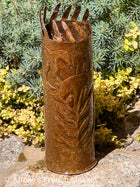 French WWI Trench Art Vase — 75mm Rennes Arsenal 1916, Bold Floral Relief, Cut Flame Crown, 10"
