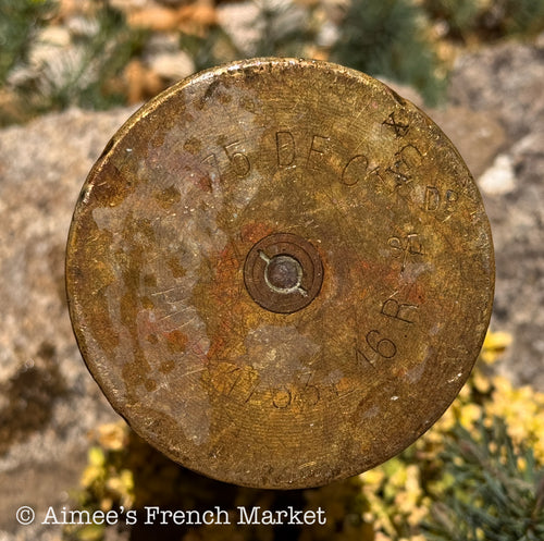 French WWI Trench Art Vase — 75mm Rennes Arsenal 1916, Bold Floral Relief, Cut Flame Crown, 10"