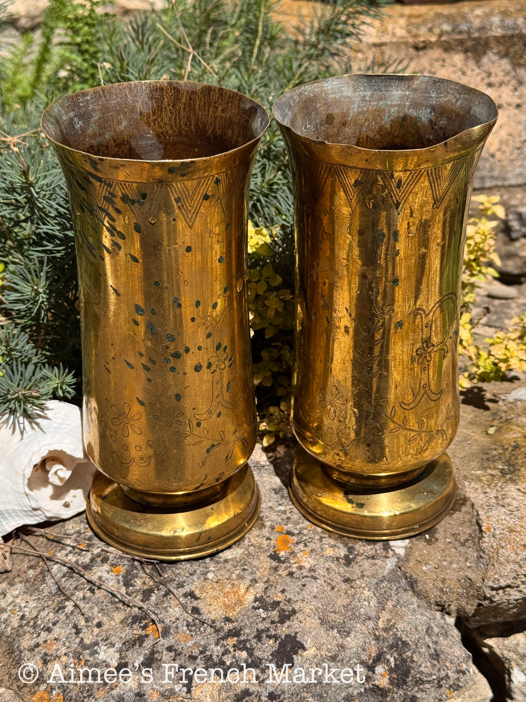 French WWI Trench Art Vase Pair — 75mm Arsenal 1912, Fine Engraved Floral, Dedicated F & L, 8.5"