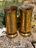 French WWI Trench Art Vase Pair — 75mm Arsenal 1912, Fine Engraved Floral, Dedicated F & L, 8.5"