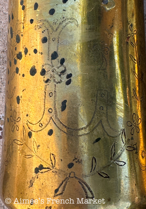 French WWI Trench Art Vase Pair — 75mm Arsenal 1912, Fine Engraved Floral, Dedicated F & L, 8.5"