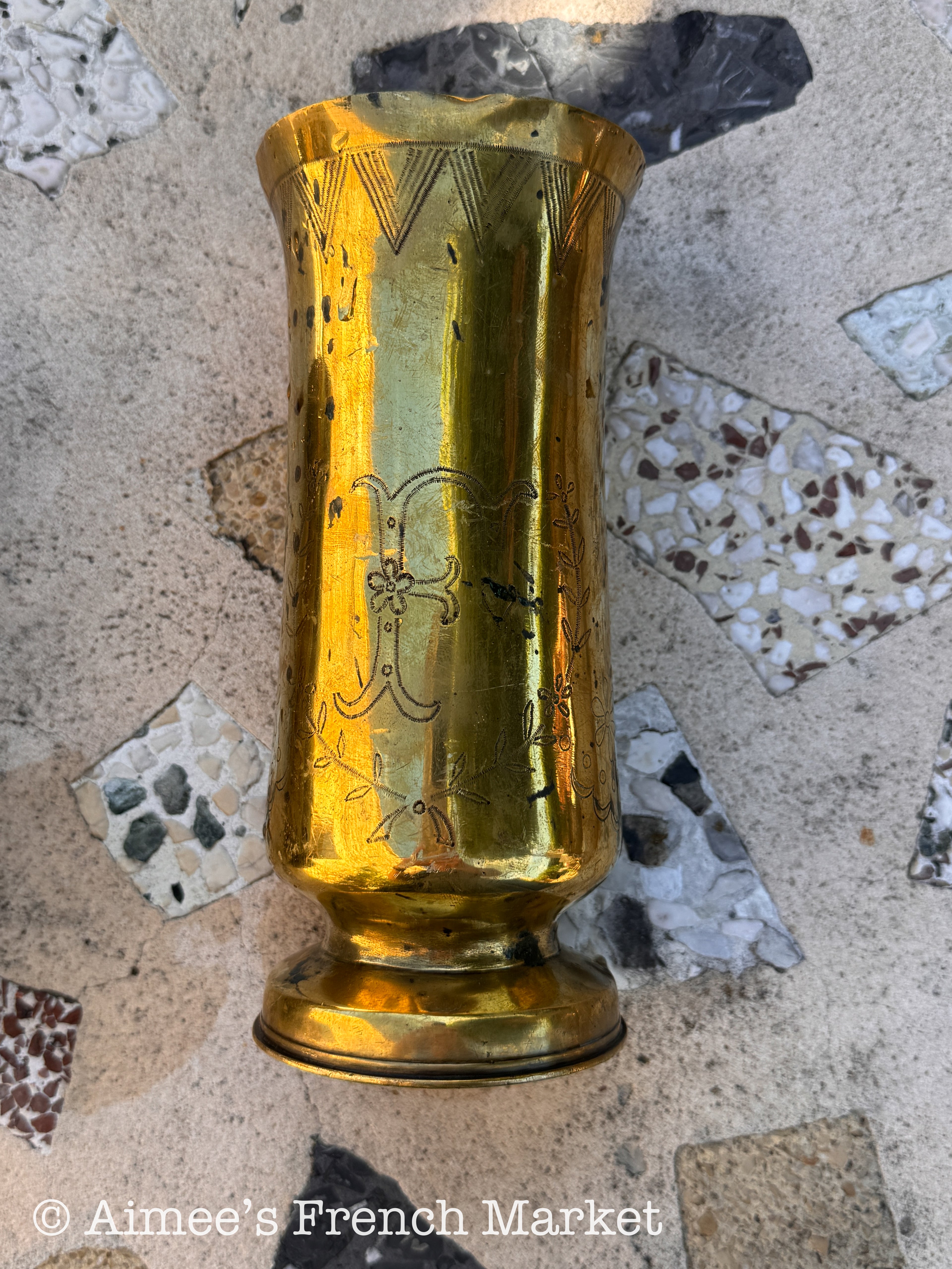 French WWI Trench Art Vase Pair — 75mm Arsenal 1912, Fine Engraved Floral, Dedicated F & L, 8.5"
