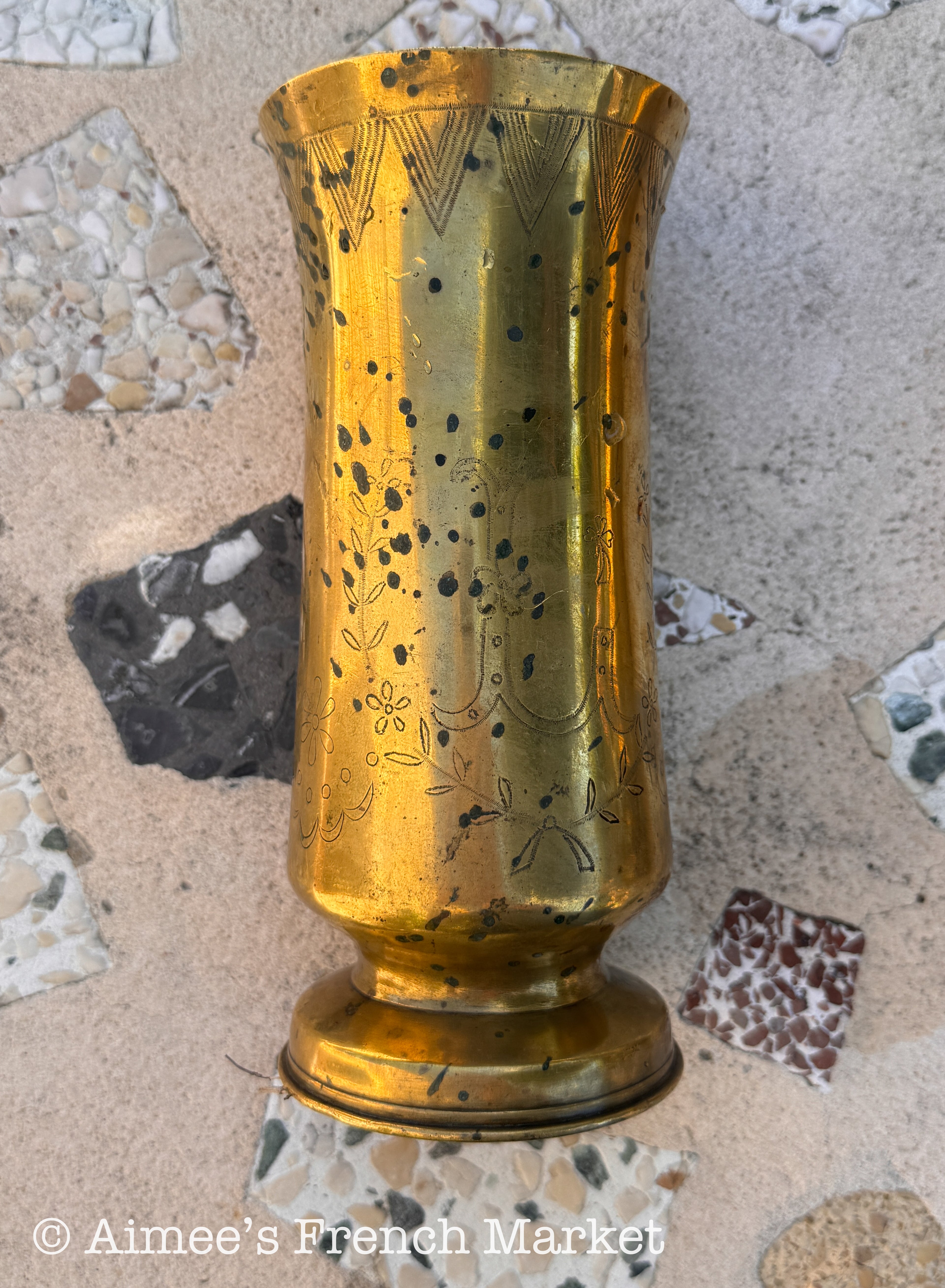 French WWI Trench Art Vase Pair — 75mm Arsenal 1912, Fine Engraved Floral, Dedicated F & L, 8.5"