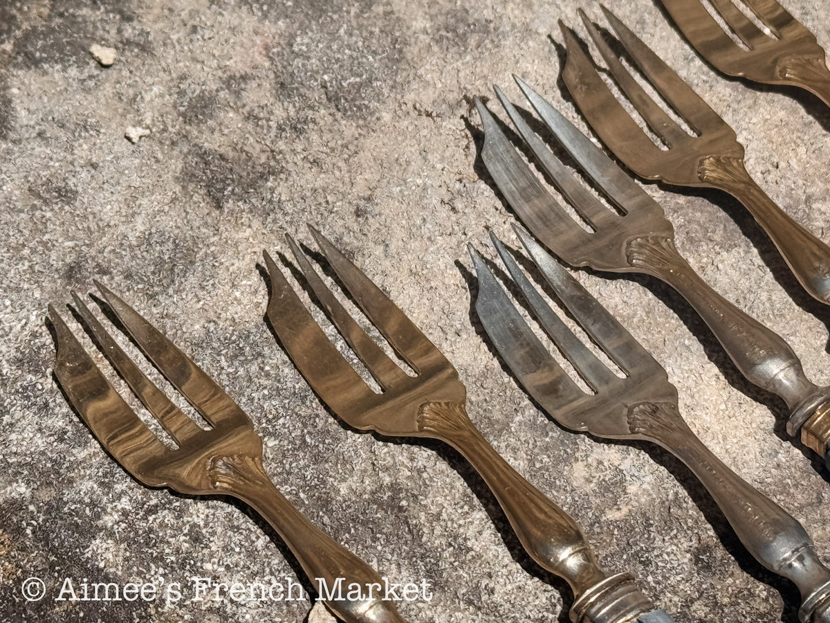 Vintage French Cake Forks — Set of 8 with Unique Blue-Gray Handles & Shell Details — 6″