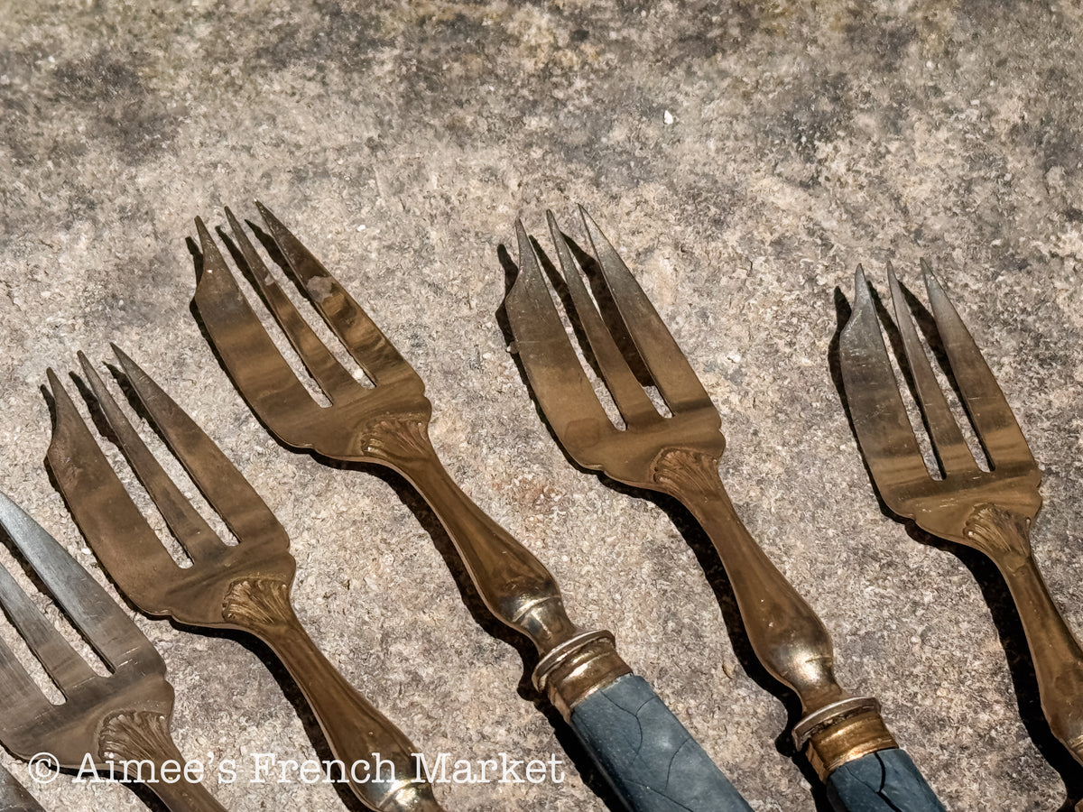 Vintage French Cake Forks — Set of 8 with Unique Blue-Gray Handles & Shell Details — 6″