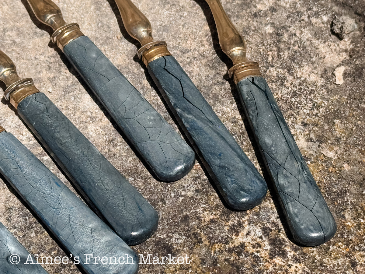 Vintage French Cake Forks — Set of 8 with Unique Blue-Gray Handles & Shell Details — 6″