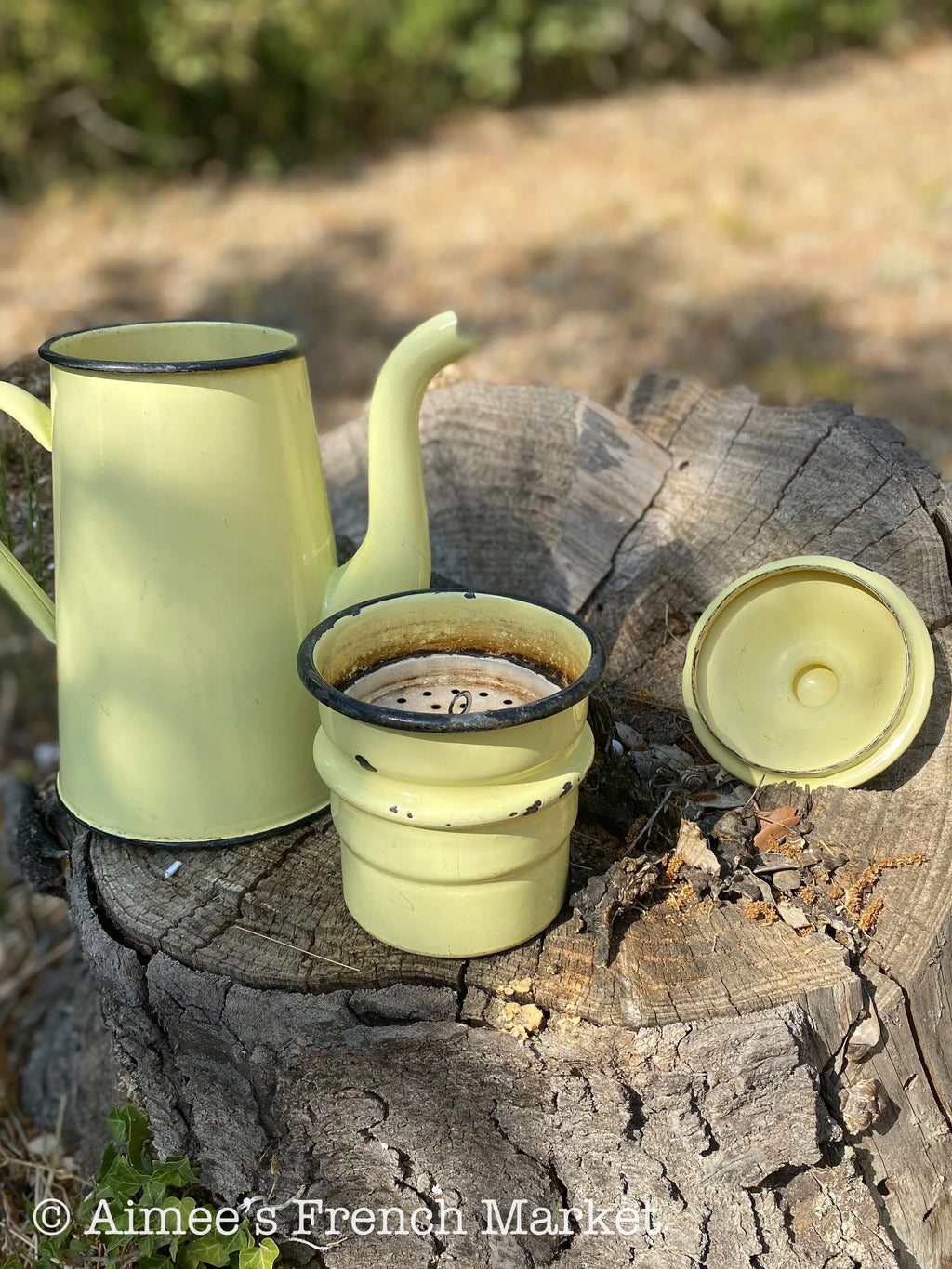 Vintage Enamelware Coffee Pot, Yellow, 4 pieces - c. 1920s