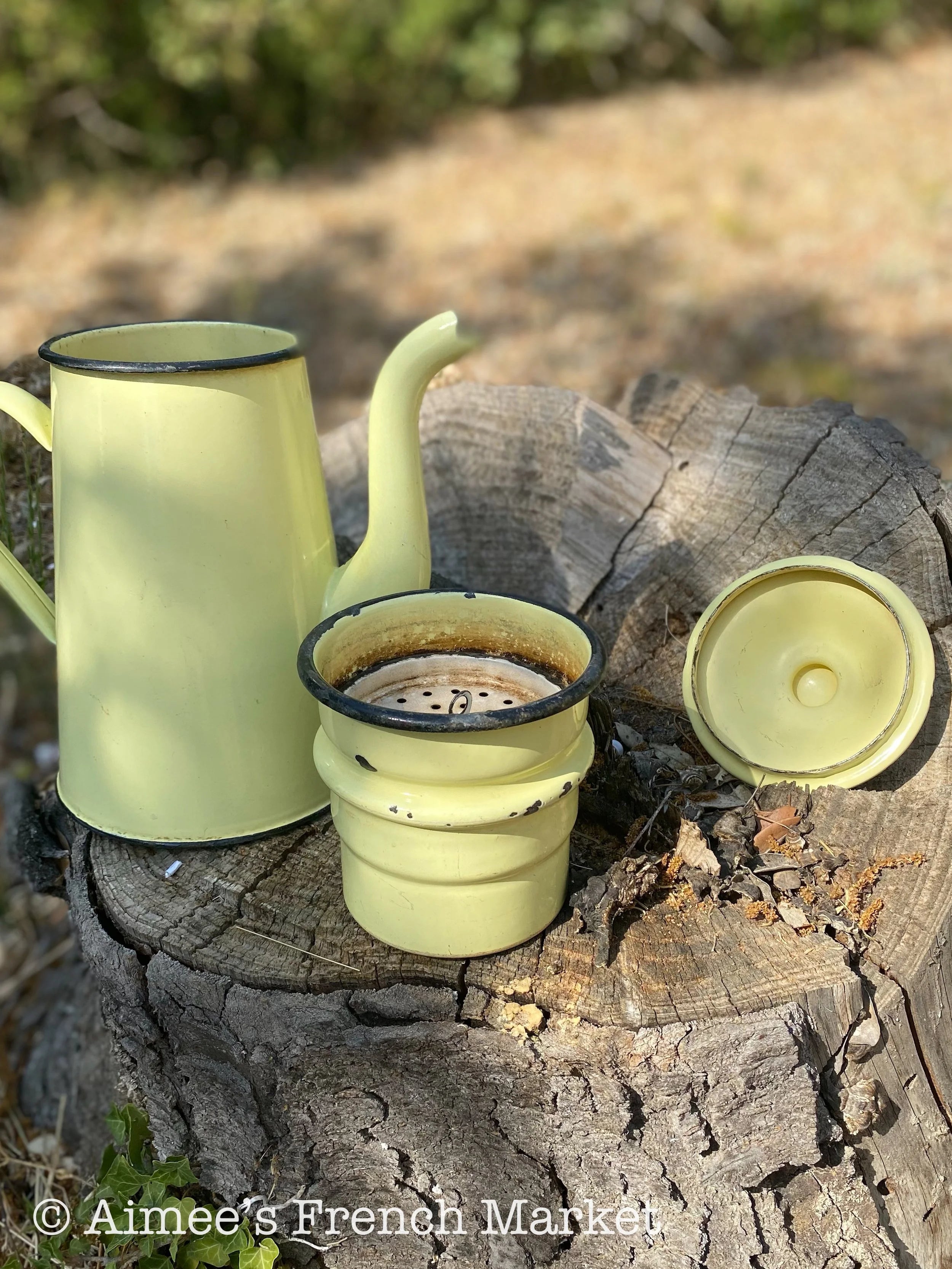 Vintage Enamelware Coffee Pot, Yellow, 4 pieces - c. 1920s