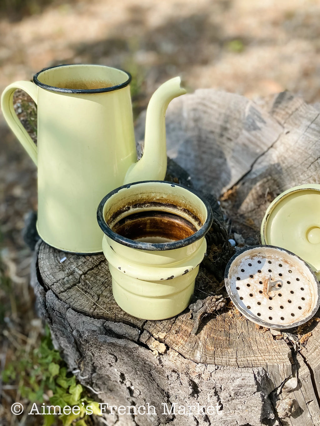 Vintage Enamelware Coffee Pot, Yellow, 4 pieces - c. 1920s
