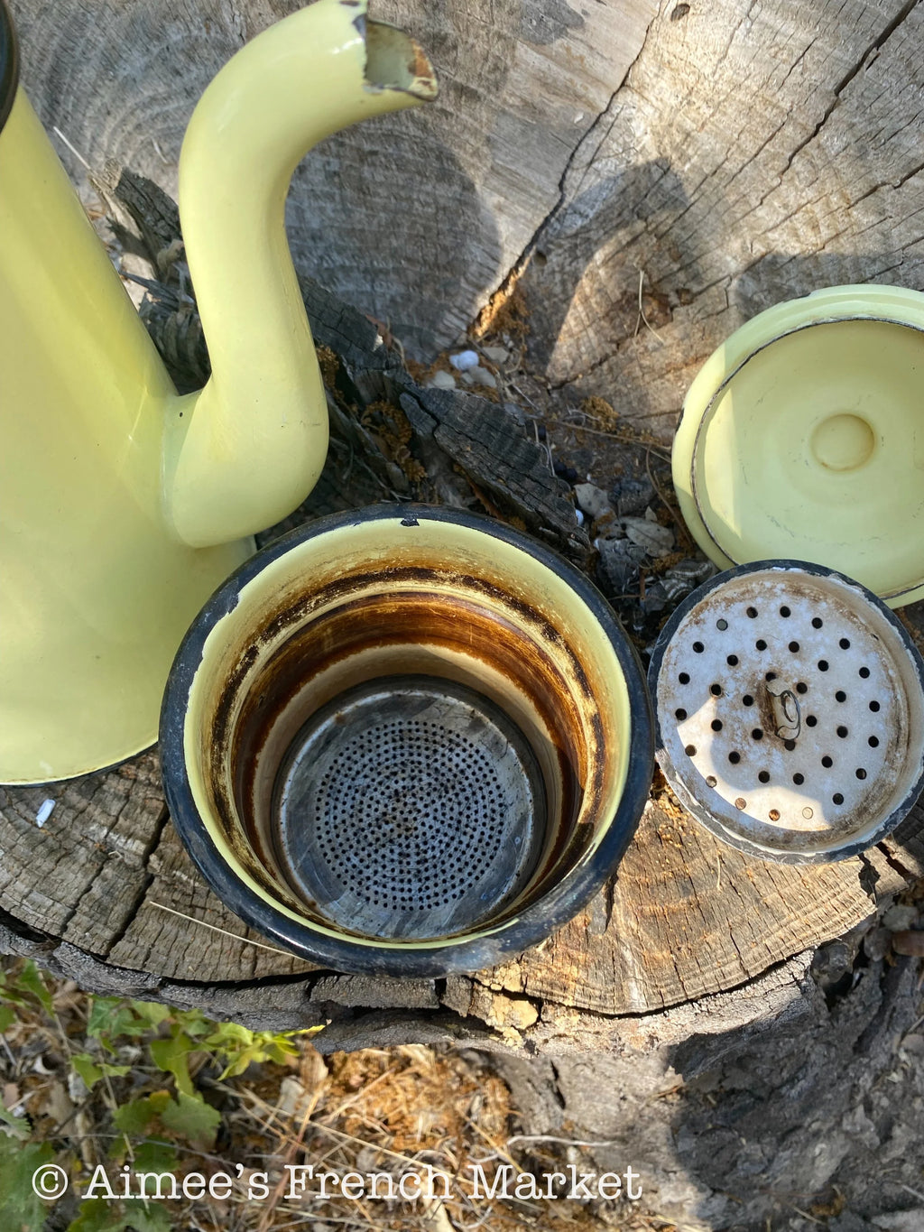 Vintage Enamelware Coffee Pot, Yellow, 4 pieces - c. 1920s